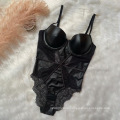 French Motorcycle Suit Sexy Leather Gathered Bra Underwear Women's Breathable One-Piece With Steel Ring Shaping Ladies